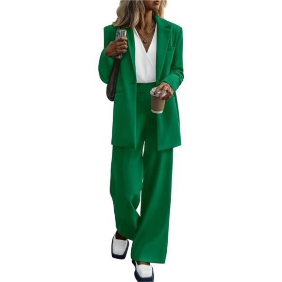 Women's Fall Two Piece Outfits Dressy Blazer Jacket and Wide Leg